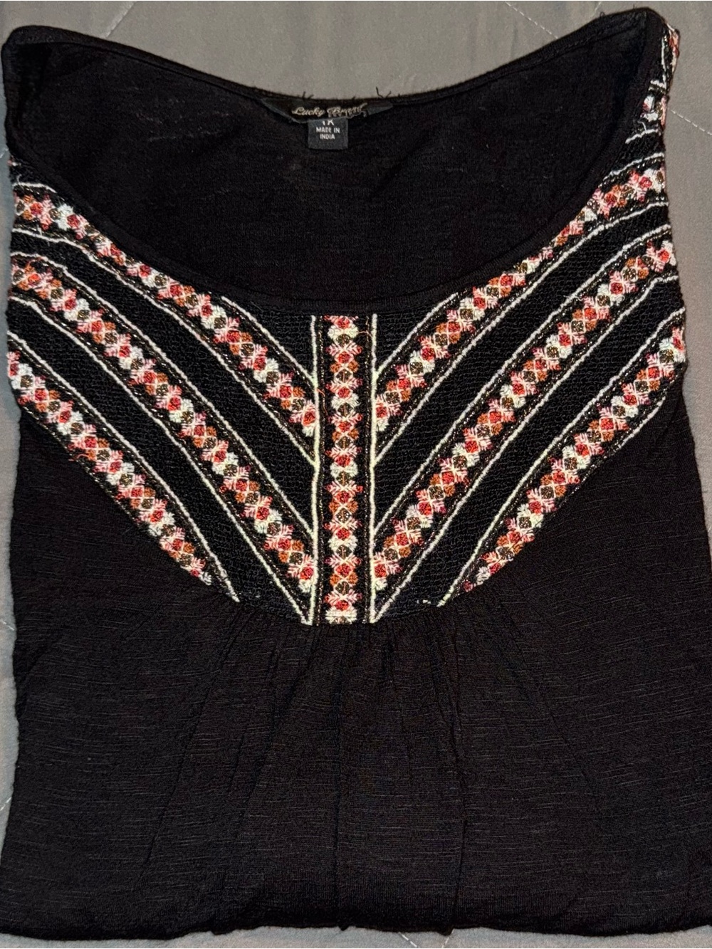 Lucky Brand Women’s Plus Boho Top, Black, 1X, 3/4 Sleeve